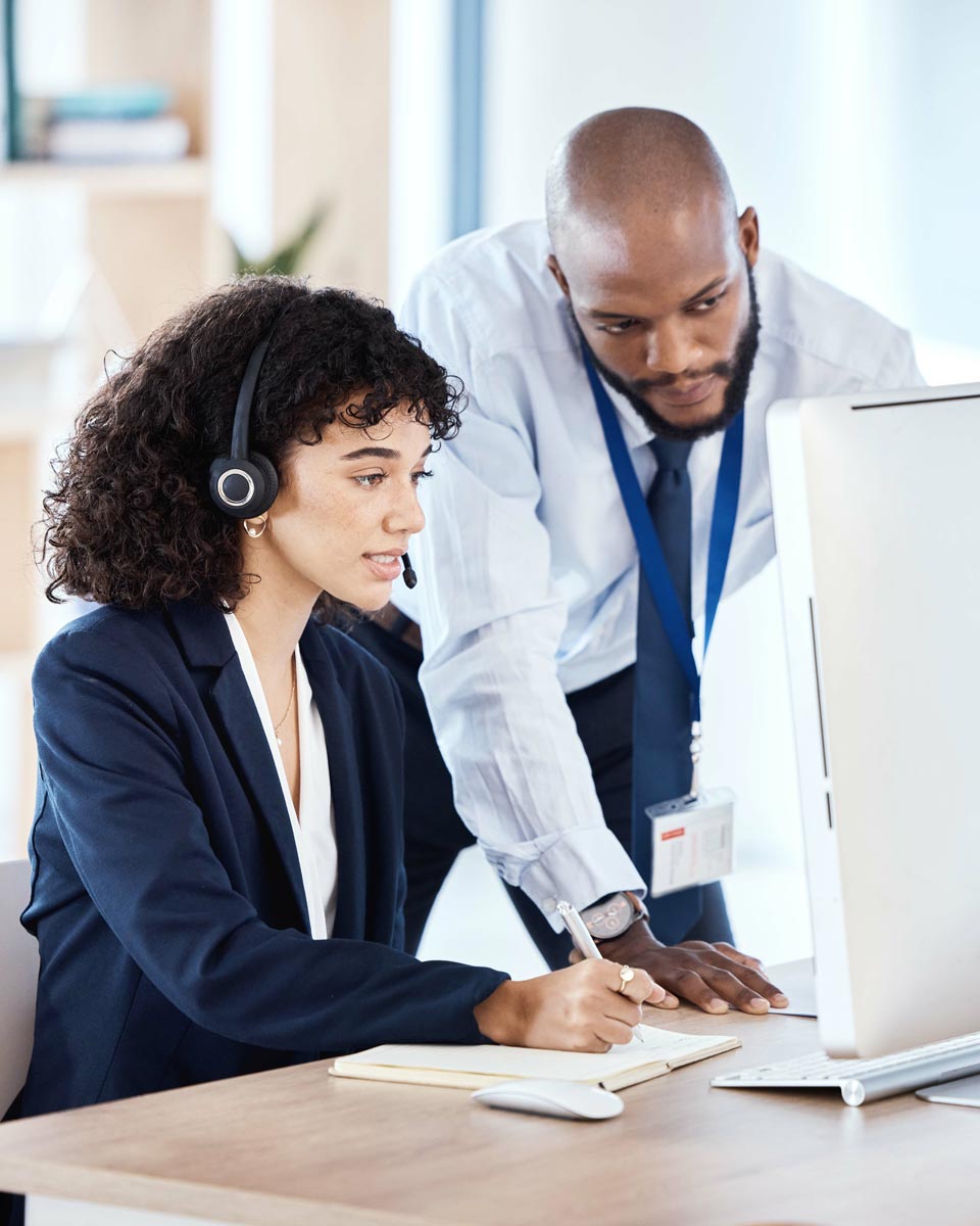 peer review with woman wearing headset