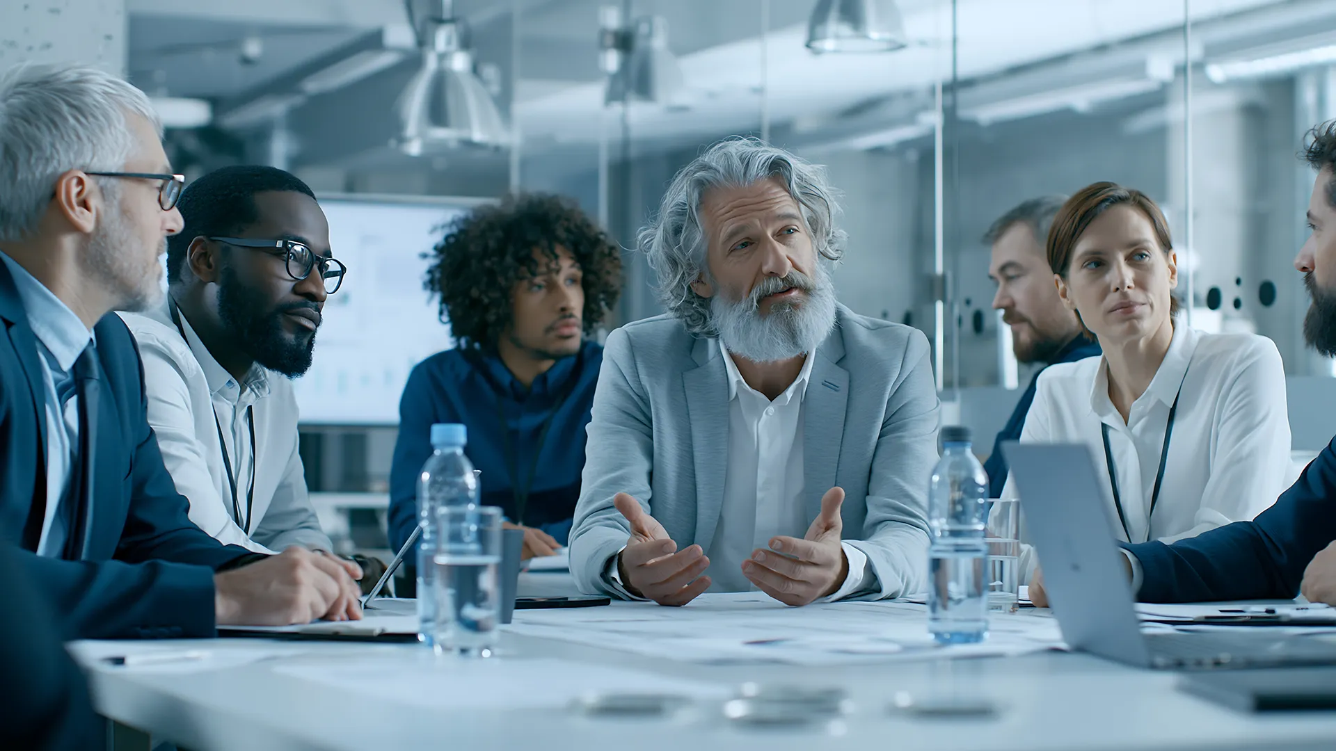 A team of professionals in a strategy meeting around a conference table.
