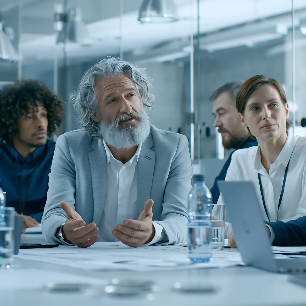 A team of professionals in a strategy meeting around a conference table.